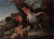 unknow artist Still life of a turkey,a bantan,a barn owl and a grey partridge in a rocky landscape France oil painting artist